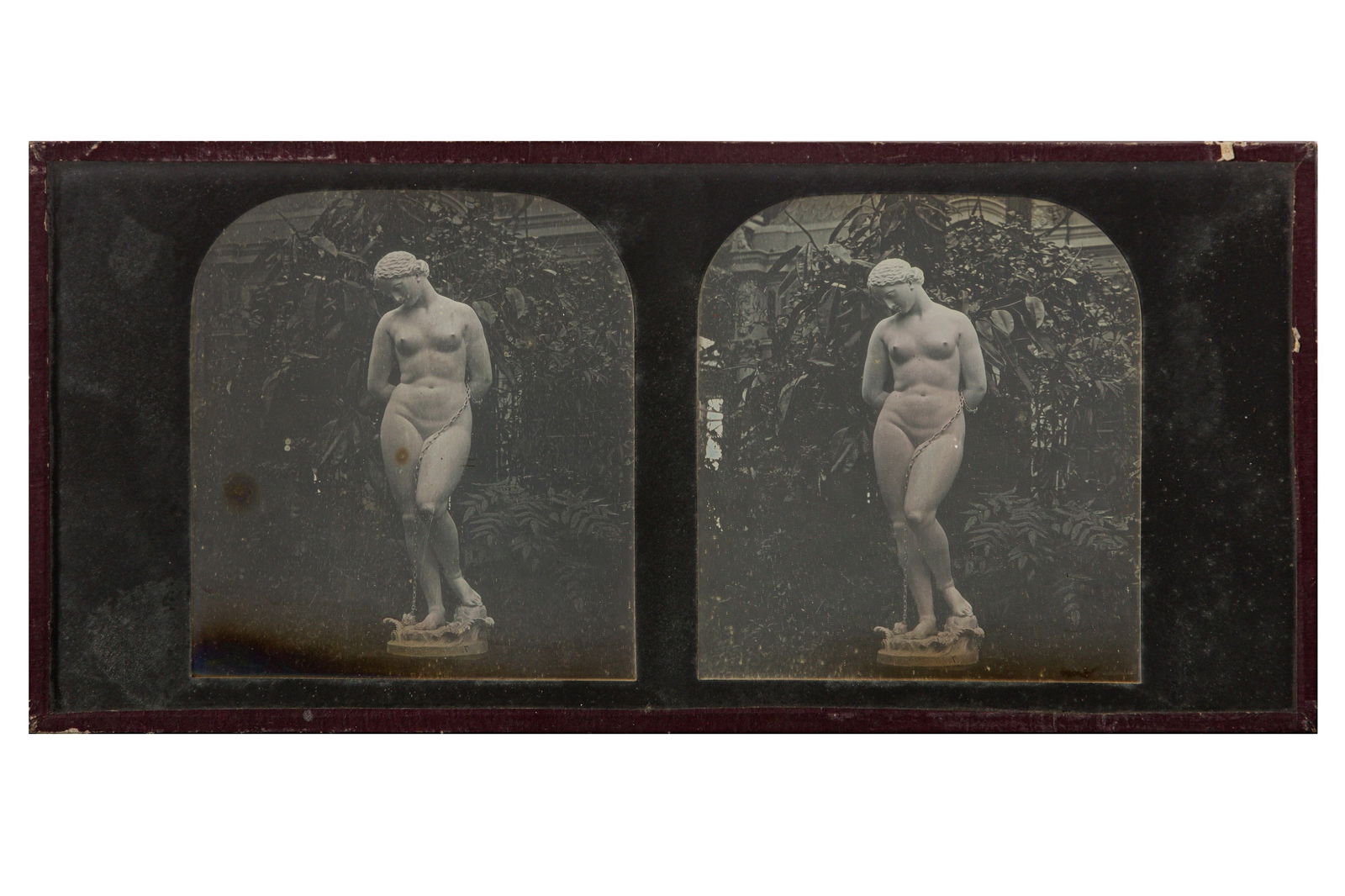Negretti & Zambra, 1854: Negretti & Zambra, 1854 THE GREAT EXHIBITION, STATUE OF ANDROMEDA BY JOHN BELL, CRYSTAL PALACE, 1854. Stereoscopic Daguerreotype, plate size 172 x 82mm, in black passe partout.