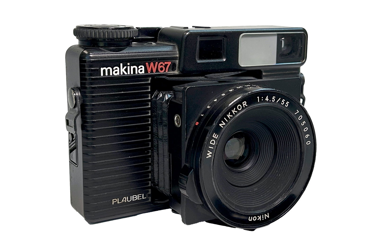 A Plaubel Makina W67 Medium Format Rangefinder Camera: A Plaubel Makina W67 Medium Format Rangefinder Camera Serial No: 705060 Body: G/VG - signs of normal use Lens: Nikon Wide 55mm f/4.5 Nikkor Optics: VG