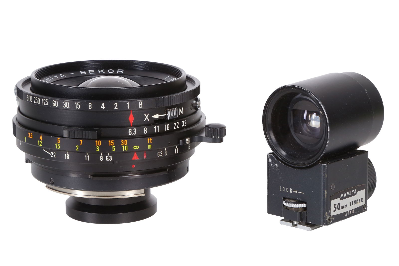 A Mamiya Press Sekor 50mm F6.3 Lens With External Viewfinder. A Mamiya Press Sekor 50mm F6.3 Lens With External Viewfinder.