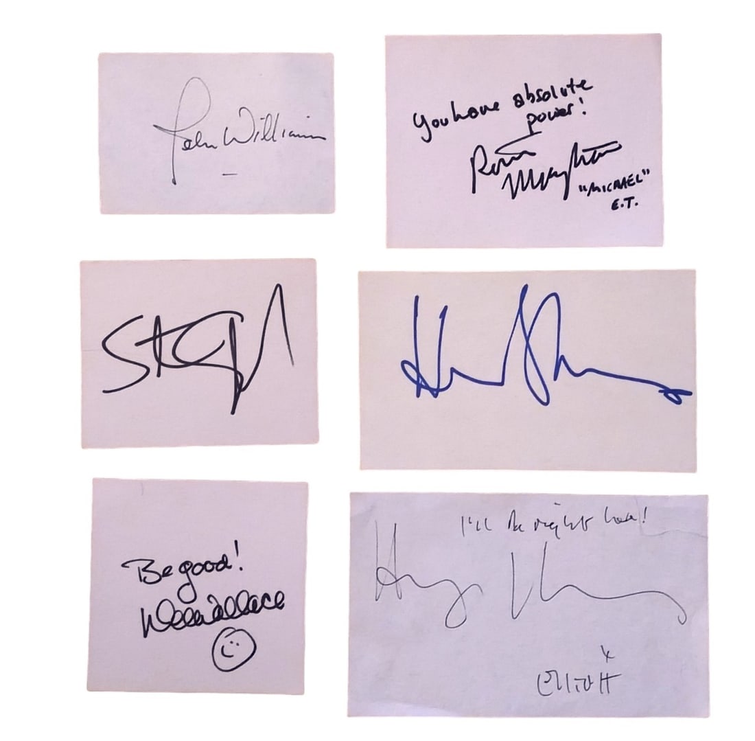 E.T. the Extra-Terrestrial: E.T. the Extra-Terrestrial Selection of index cards signed by actors and other figures involved in the movie E.T. the Extra-Terrestrial, comprising: Steven Spielberg, John Williams, Dee Wallace, Henry