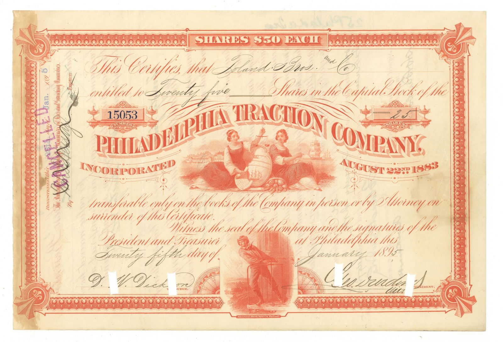Titanic Interest.- George Widener: Titanic Interest.- George Widener Stock certificate for 25 shares in the Philadelphia Traction Company, signed by Titanic passenger ('Geo. D. Widener') in his capacity as presid