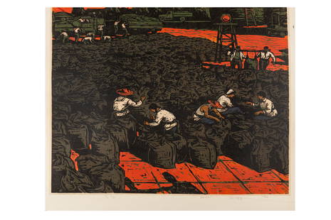 Dong Hongjian Woodcut Prints: Dong Hongjian Linoleum Block Prints Workers bagging up grain, multicolour oil colours, 555 x 580mm., dated in pencil, 1960; Delivery of goods via horse and cart, bicycle and lorry, multicolour, 725 x