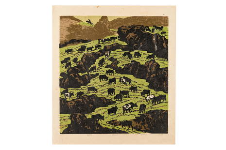 Dong Hongjian Woodcut Prints: Dong Hongjian Linoleum Block Prints Cows grazing on the hillside, 510 x 450mm., 1964 ? Tractor and farmlands, 655 x 48omm., 1959 ? Soldiers on Horseback patrolling through a winter woodland, 670 x