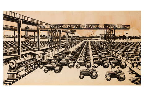 Tractor Factory – Print: Tractor Factory – Print, A Chinese Industrial Revolution era woodcut print, depicting rows of new tractors being made ready and loaded onto a freight train for dispersal.91.5cm x 49cm