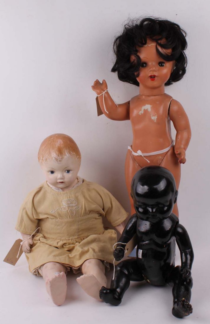 Three vintage composition dolls, one black baby and: Three vintage composition dolls, one black baby and one Effanbee (played with). (3)