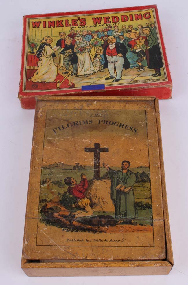 Two boxed games: The Pilgrim's Progress published : Two boxed games: The Pilgrim's Progress published by E Wallis, 42 Skinner St, wooden puzzle with linen-backed lithograph diagram (diagram cracked in folds) with Winkle's Wedding or Why Did He Do It? (