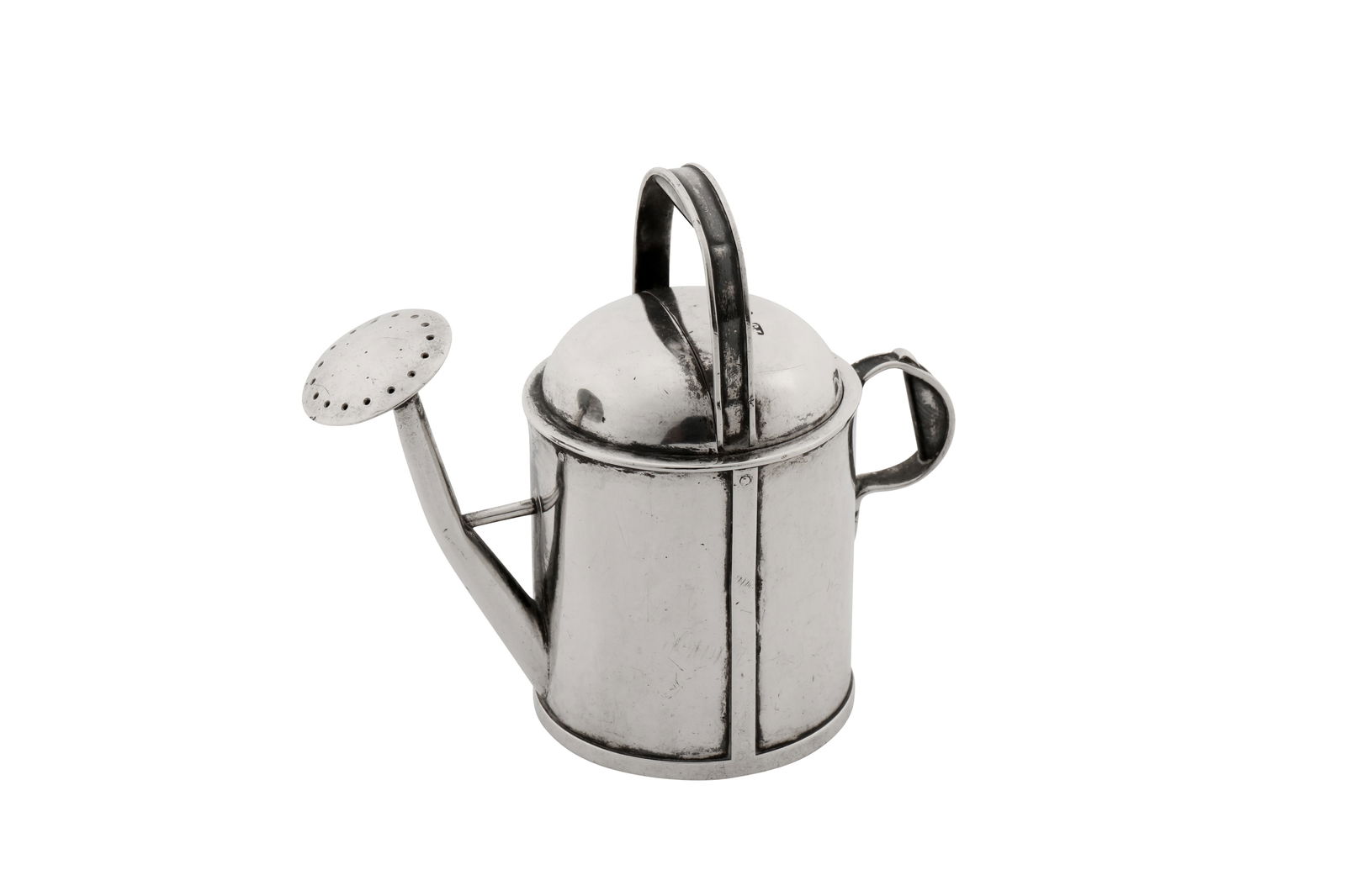 A Victorian sterling silver novelty atomizer, London 1886 by Thomas Johnson II: A Victorian sterling silver novelty atomizer, London 1886 by Thomas Johnson II Modelled as a watering can. Fully marked on push action pump and at the bottom. Height- 7.6 cm / 2.99 inches Weight - 137