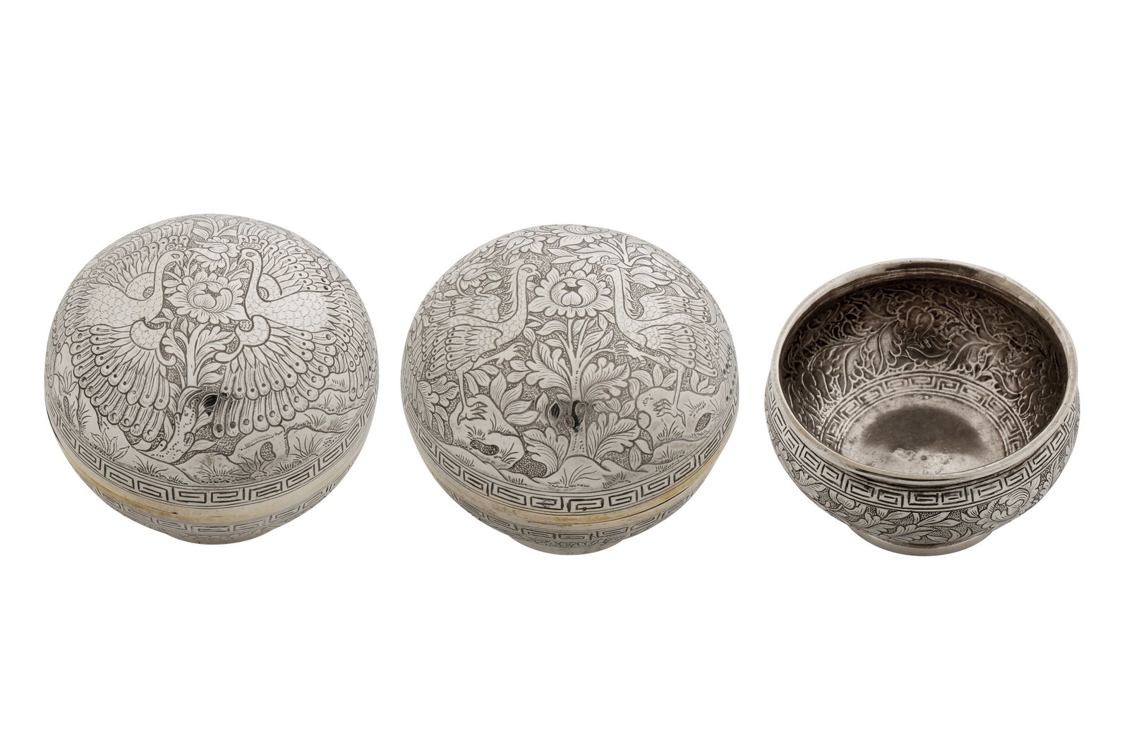 A set of three early 20th century Chinese export silver betel items, Canton circa 1910 by Jing (1 of 3)
