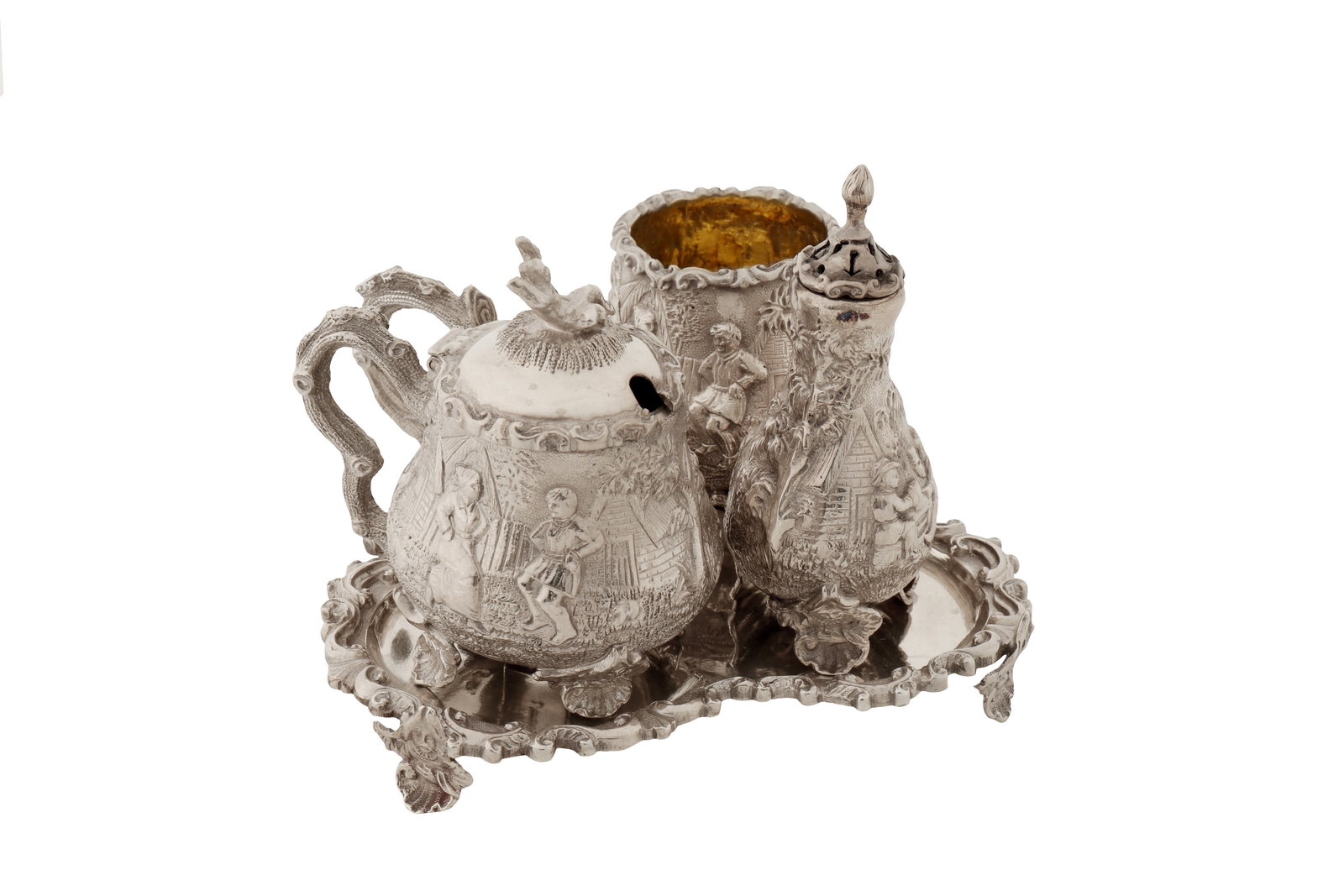 A Victorian sterling silver three-piece cruet set on stand, London 1883 by William Leuchars (1 of 8)