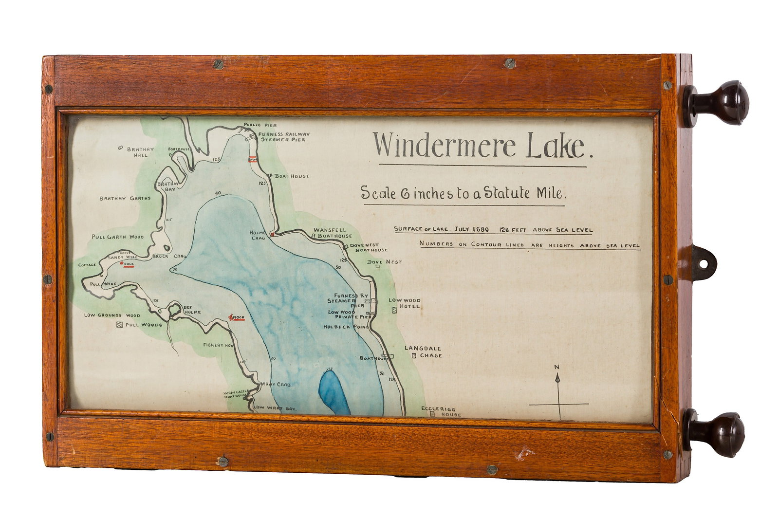WINDERMERE LAKE, SCROLLING PANORAMA, 1889: WINDERMERE LAKE, SCROLLING PANORAMA, 1889 Printed map on linen, measuring approx. 400 x 1440mm, hand-coloured, with a scale of 6 inches to a Statute Mile. Housed in the original glazed wooden cabinet,
