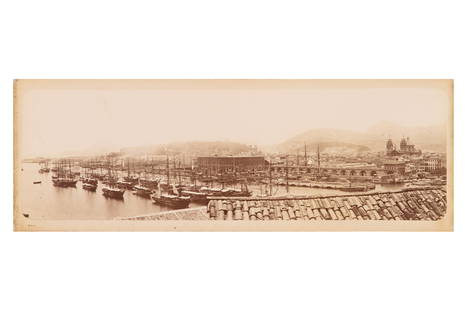 Marc Ferrez (1843-1923): Marc Ferrez (1843-1923) PANORAMA OF RIO DE JANEIRO, c.1885 Albumen print panoramic view of the entrance to Rio de Janeiro harbour, flush-mounted to card, measuring 98 x 320mm, with hand-annotated stud