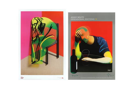 § ADAM NEATE (BRITISH B.1977) No Reserve: ADAM NEATE (BRITISH B.1977)Two Posters2012-2013one signed and dated with doodle in green penpublished by Elms Lesters Painting Rooms, Londonsheets 75 x 52cm and 78.7 x 52cmunframed