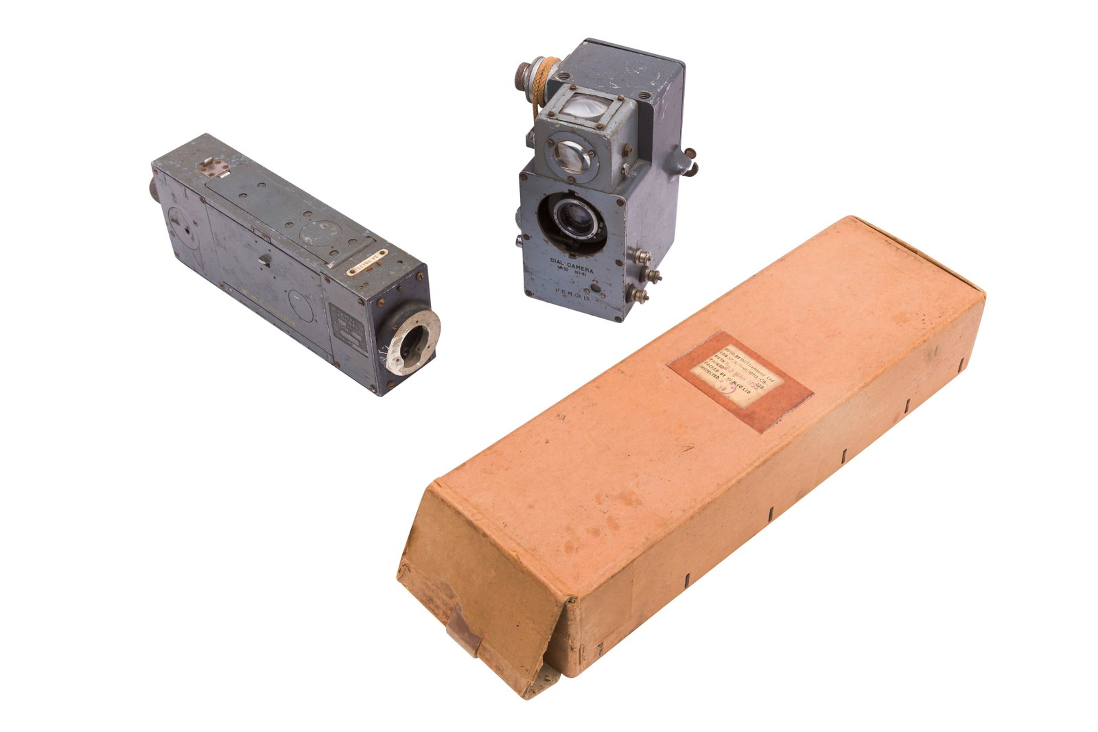 A Selection of Aircraft Cameras.: A Selection of Aircraft Cameras Including a G45B MKIII Aircraft Camera (as used in Spitfires and other fighter aricraft) in maker's box. Also another example (body only) and A Houghton Butcher Mk III 