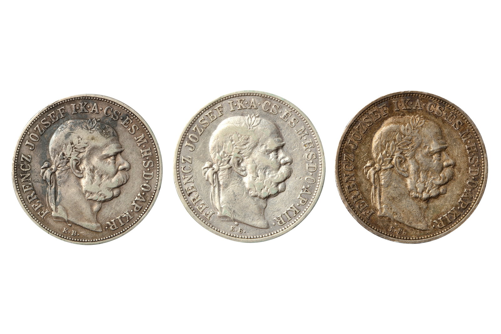 HUNGARY, FRANZ JOSEPH I (1848 - 1916) 1900, 1906 & 1909 FIVE KORONA (3X COINS). (1 of 2)