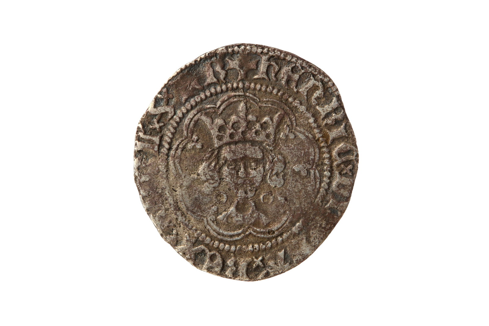 HENRY VI (FIRST REIGN, 1422 - 1461) ANNULET ISSUE, CALAIS MINT HALFGROAT.: HENRY VI (FIRST REIGN, 1422 - 1461) ANNULET ISSUE, CALAIS MINT HALFGROAT. Silver, 1.62 g, 22.2 mm, 12h, mintmark pierced cross (1422 - 1427), annulet issue - 1422 - 1430. Obv: Crowned bust of Henry V