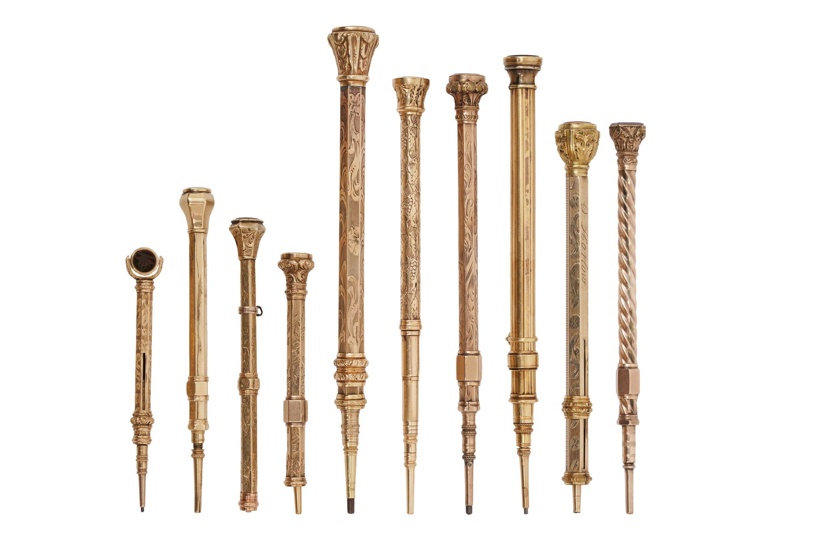 A GROUP OF TEN VICTORIAN GILT METAL HARDSTONE SET PROPELLING PENCILS (1 of 3)