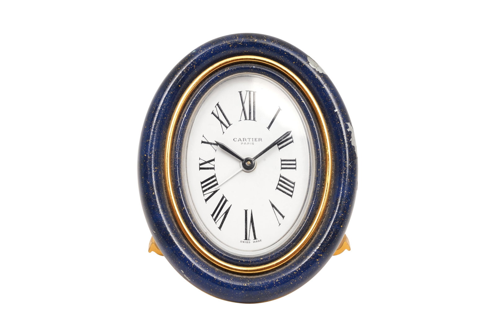 CARTIER VENDOME ALARM CLOCK: CARTIER VENDOME ALARM CLOCK, mechanical hand-wound, lapis lazuli effect enamel decoration, gilt-metal body and strut support. 91mm x 71mm