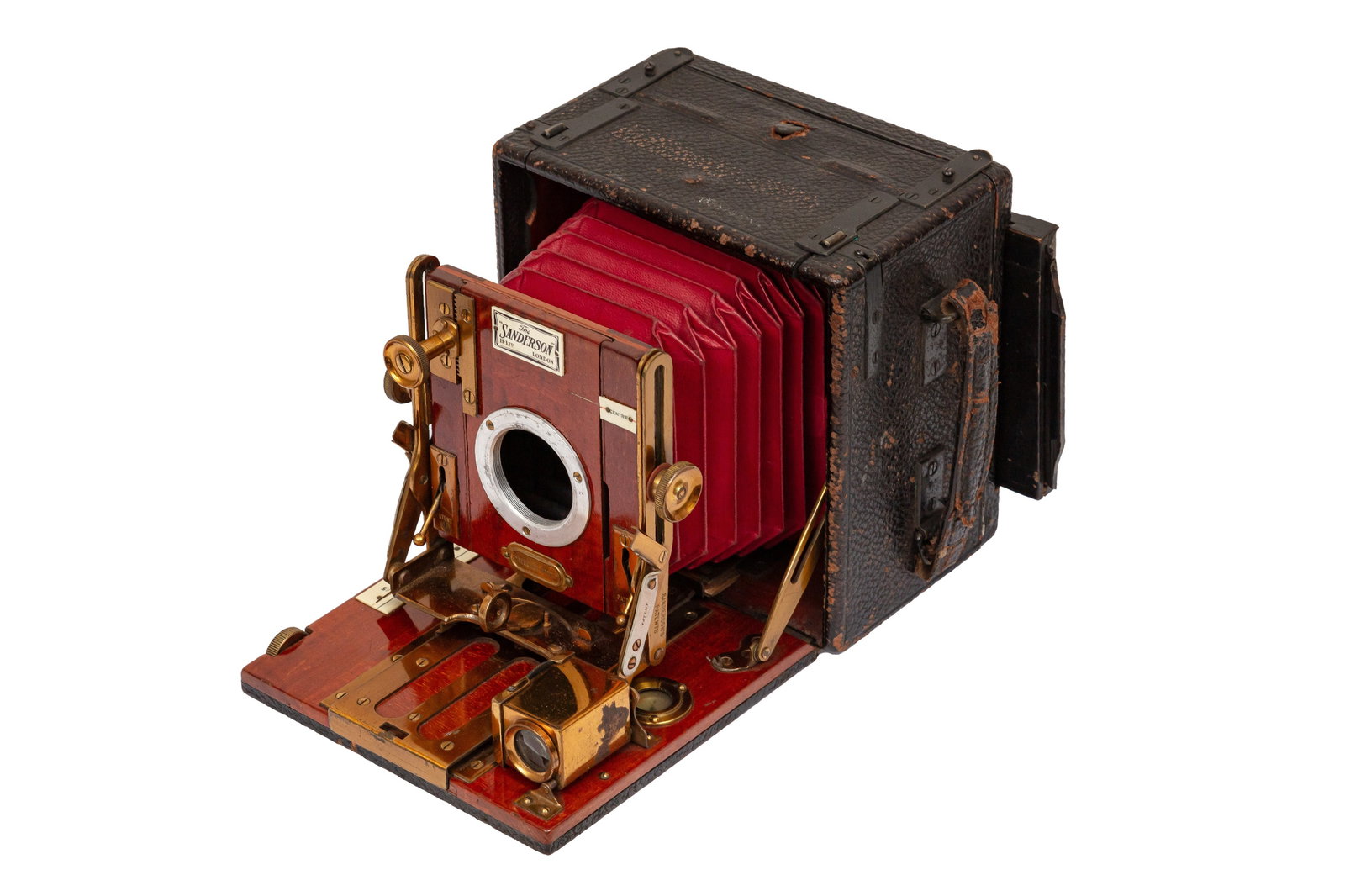 A Houghton & Butcher "The Sanderson" Regular Model Hand & Stand Camera: A Houghton & Butcher "The Sanderson" Regular Model Hand & Stand Camera Serial No: 20176Body: VG - red leather bellows, missing lens Notes: complete with x2 darksslide and cut film holder back
