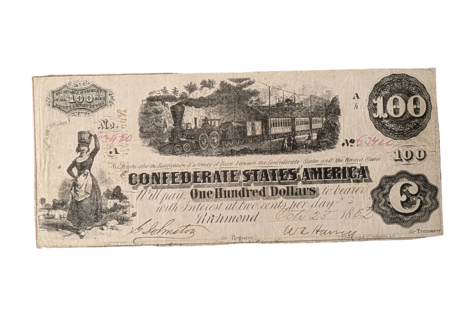 CONFEDERATE STATES, 100 DOLLARS T40. RARE SHELBYVILLE POST STAMP. (1 of 2)