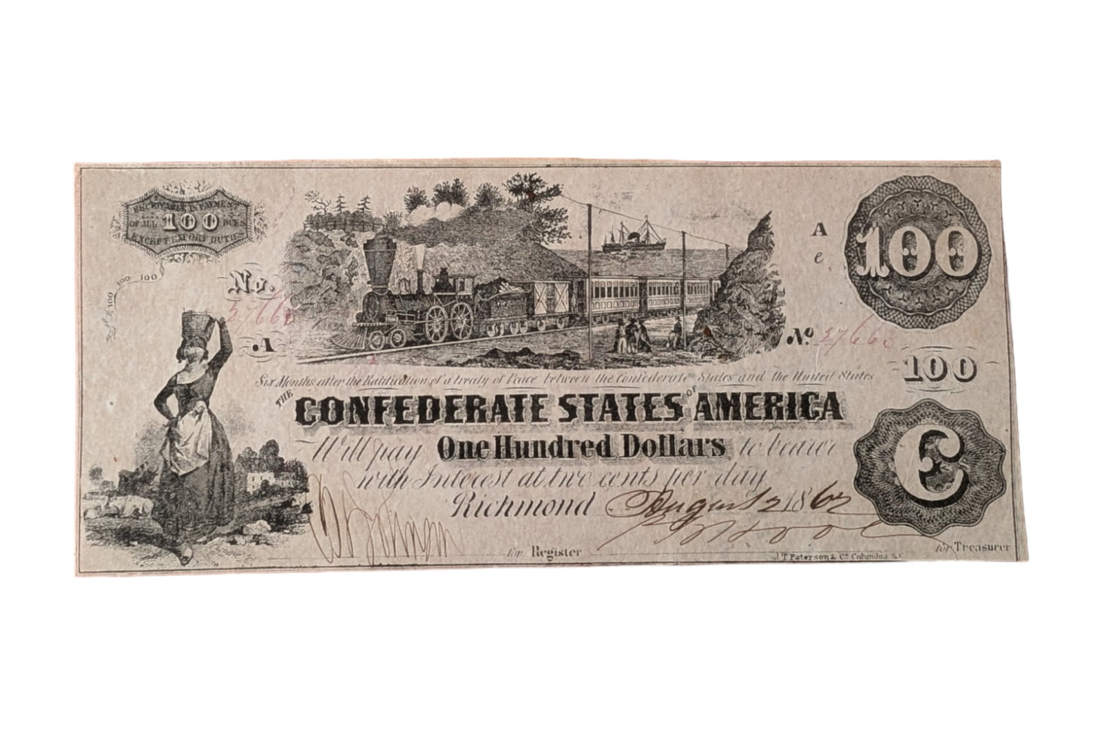 CONFEDERATE STATES, 100 DOLLARS T39. JAMES SORELY (DEPOSITORY AND COLLECTOR) ENDORSEMENT.: CONFEDERATE STATES, 100 DOLLARS T39. JAMES SORELY (DEPOSITORY AND COLLECTOR) ENDORSEMENT. Date: 12/08/1862, S/N: 27663, Manuscript endorsement: Issued September 24th 1862 J. Sorely Depository (J