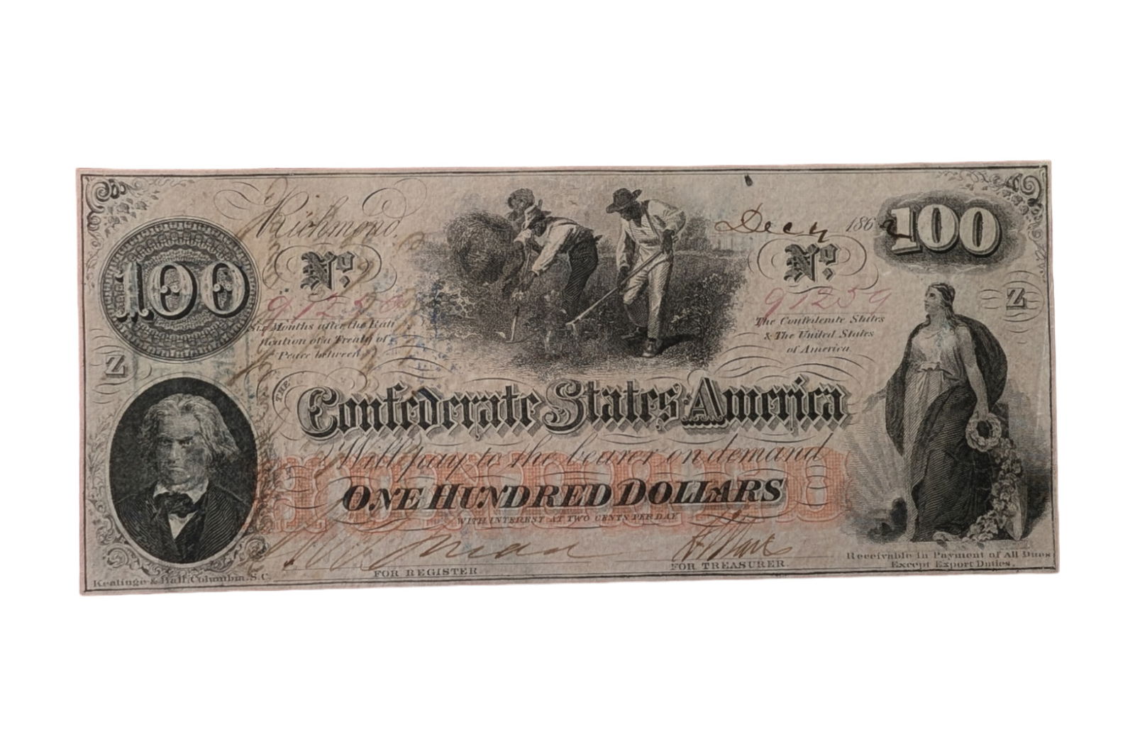 CONFEDERATE STATES, 100 DOLLARS T41. MAJOR C.S. SEVERSON ENDORSEMENT. (1 of 2)