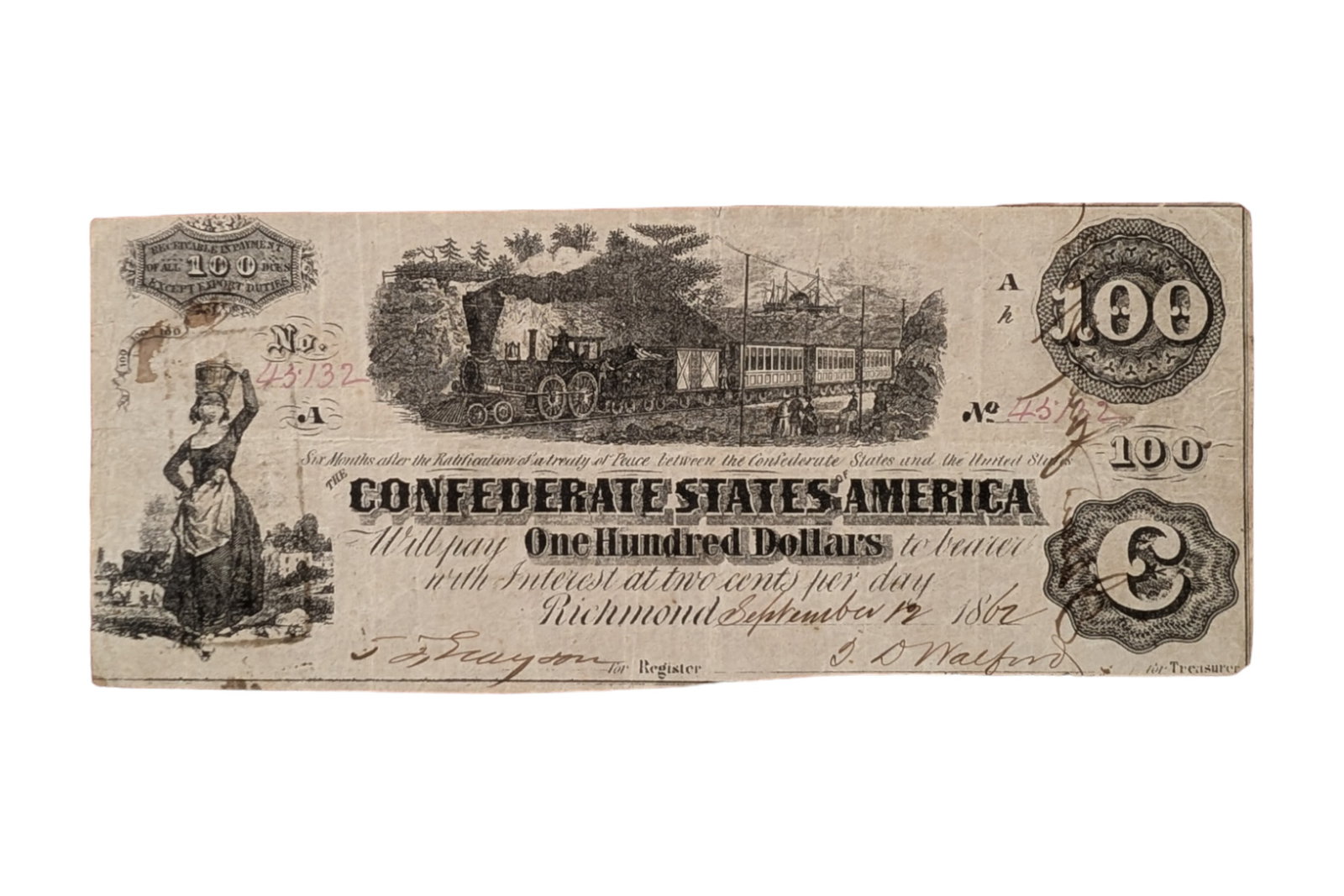 CONFEDERATE STATES, 100 DOLLARS T40. (1 of 2)