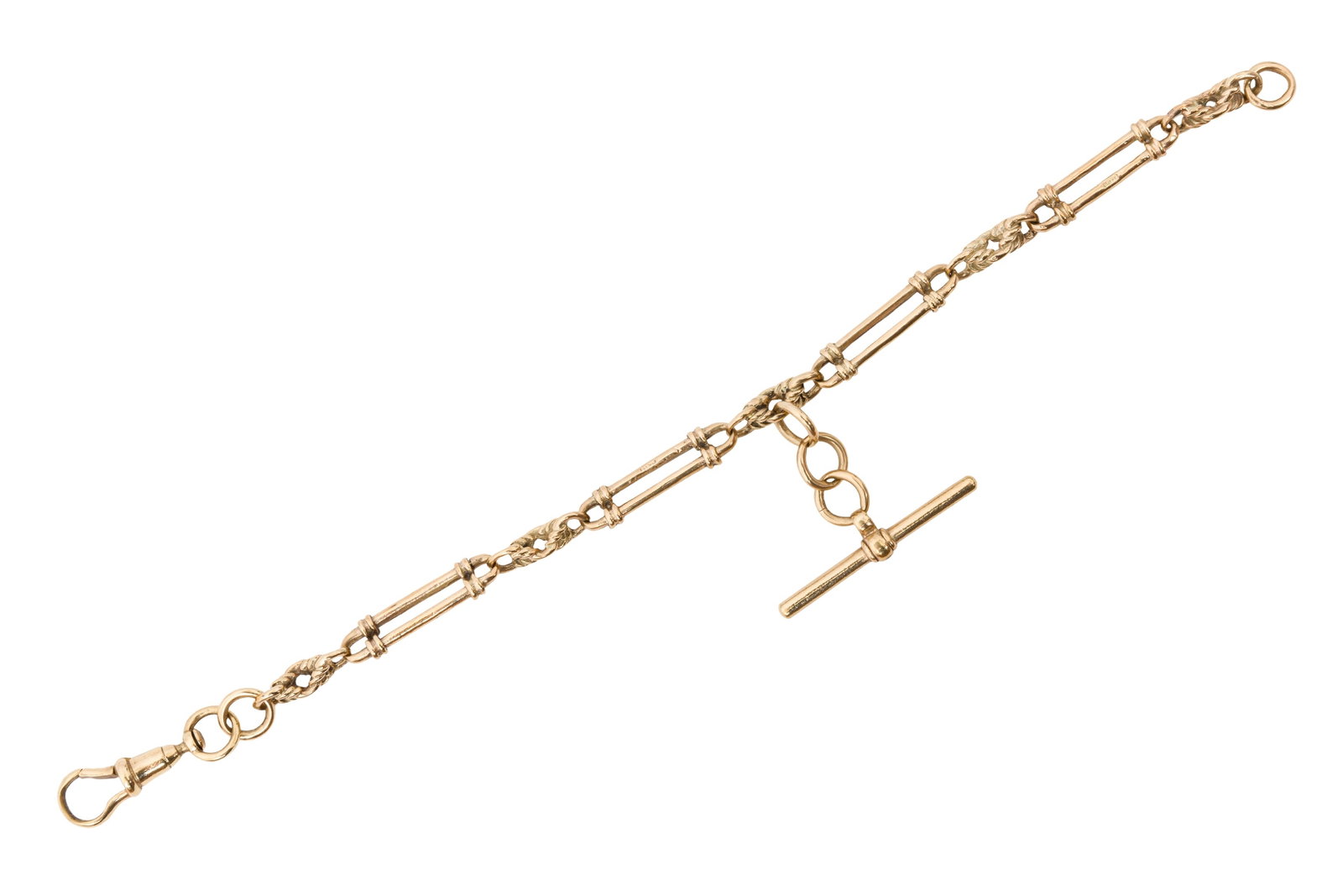 A FANCY-LINK BRACELET: A FANCY-LINK BRACELET, Composed of a watch Albert chain mounted in 9 carat gold, partial UK hallmark, length 19.5cm, weight 17.5grs