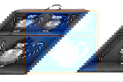 A cased late 19th / early 20th century Chinese export silver three-piece tea service, Canton circa (1 of 9)