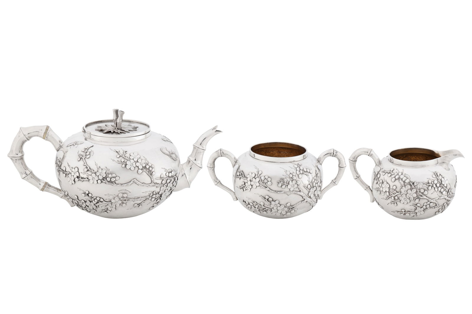 A late 19th / early 20th century Chinese export silver three-piece tea service, Canton circa 1900, (1 of 9)