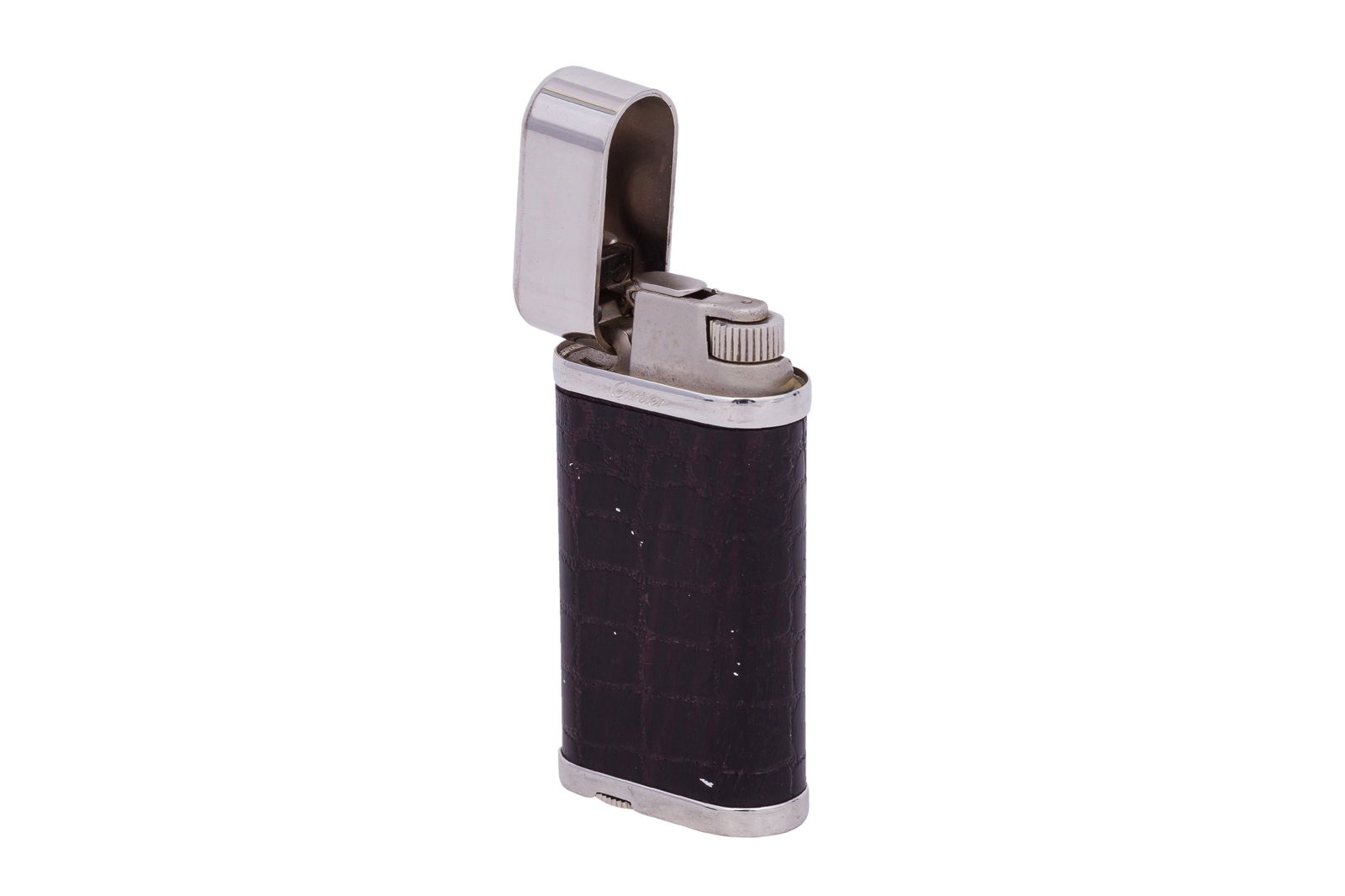 CARTIER l A LIGHTER: CARTIER l A LIGHTER, The brown leather gas lighter with palladium finish (leather scuff), signed, numbered 229073