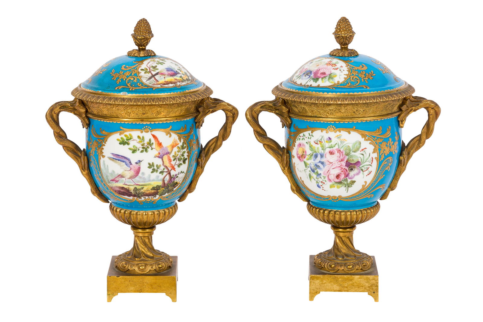 A PAIR OF 19TH CENTURY SEVRES STYLE ORMOLU MOUNTED VASES & COVERS (1 of 4)