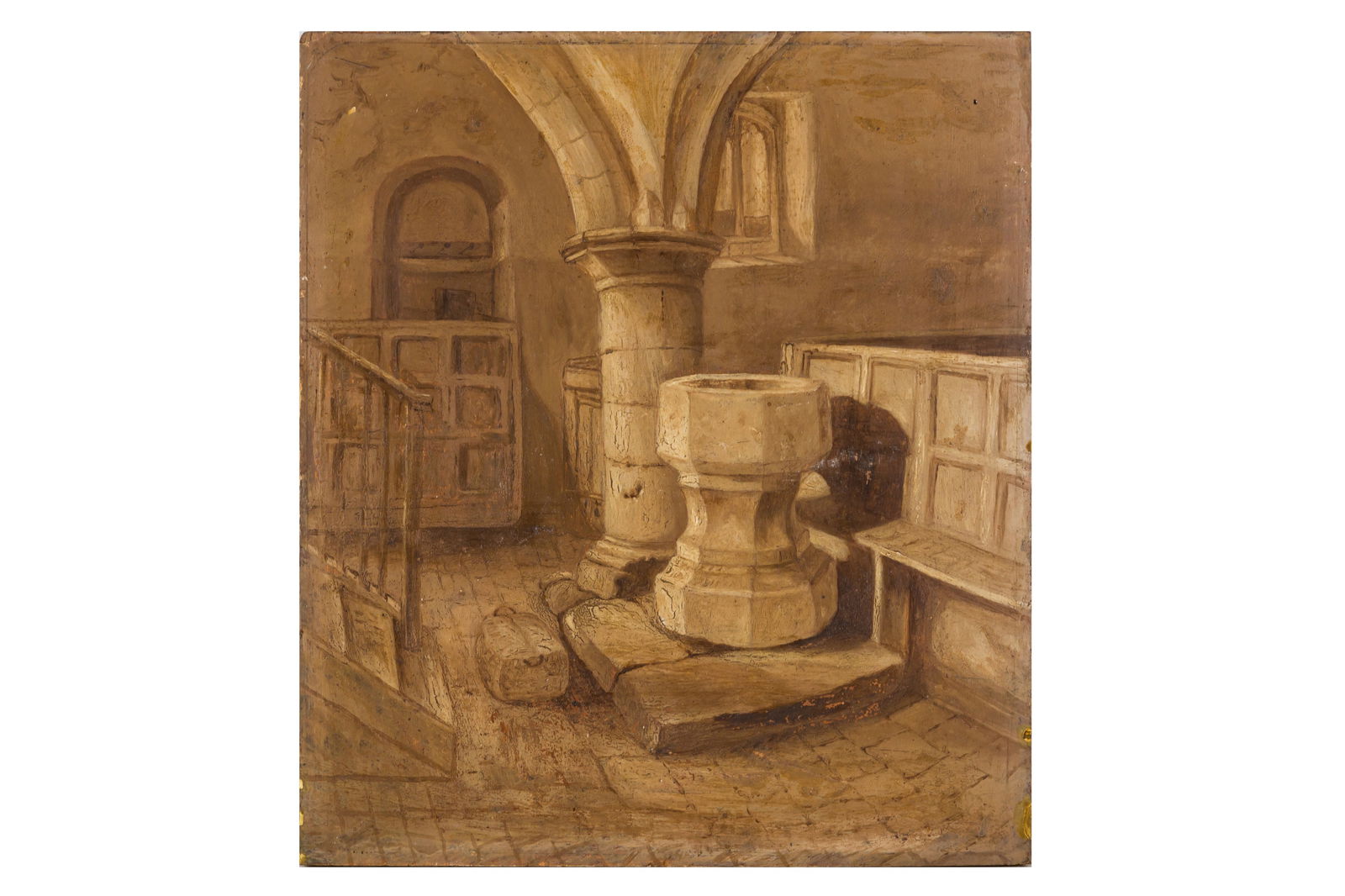 AFTER JOHN CHESSELL BUCKLER (MID 19TH CENTURY): AFTER JOHN CHESSELL BUCKLER (MID 19TH CENTURY)The Font in Cannock Churchoil on panel30.7 x 27 cm (12 1/16 x 10 5/8 in.) After a sepia drawing, c.1841
