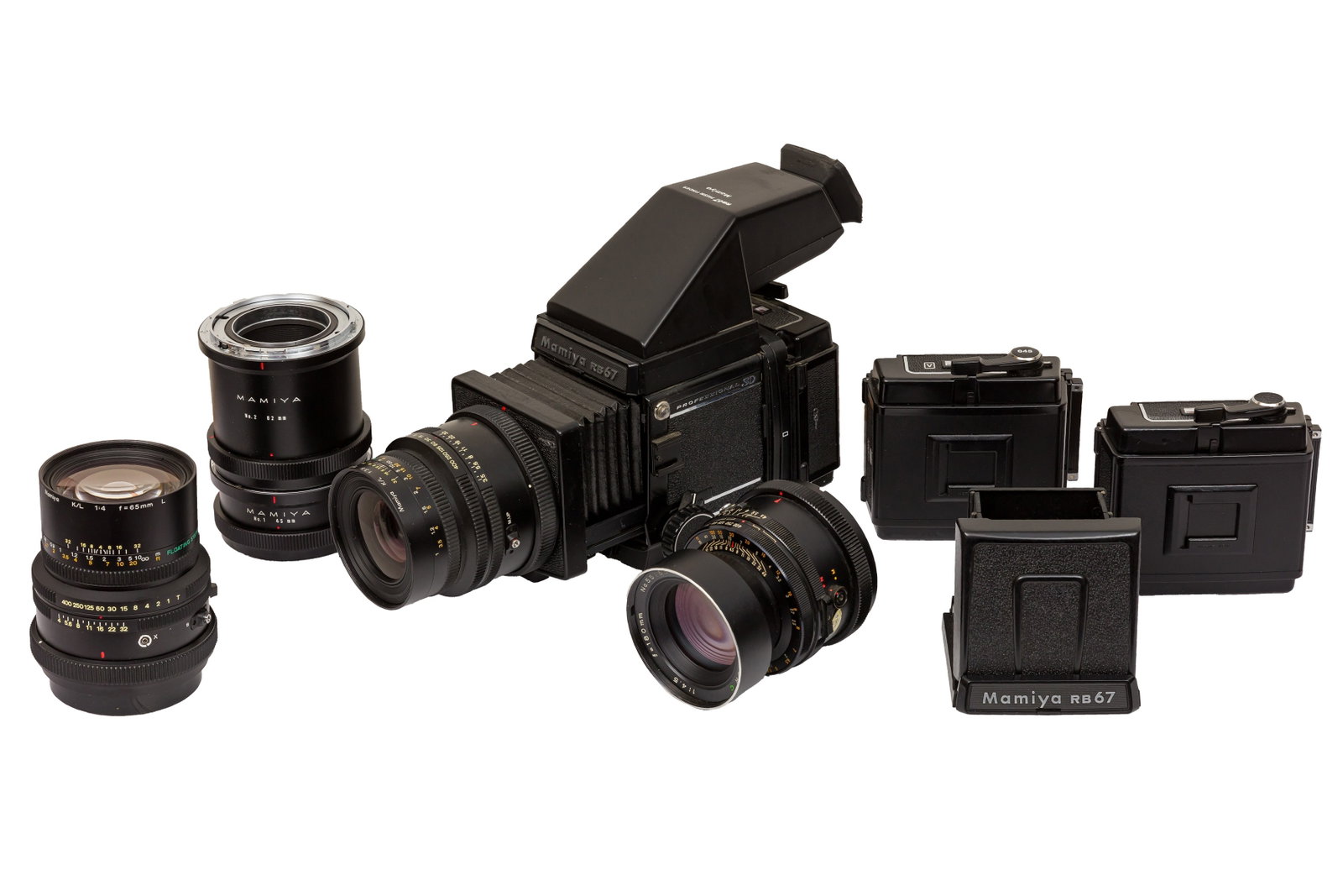 A Mamiya RB67 Professional SD Medium Format SLR Camera Outfit: A Mamiya RB67 Professional SD Medium Format SLR Camera Outfit Serial No: AK1403 Body: G Shutter: working Lenses: Mamiya 90mm K/L f/3.5 L (004610) Mamiya 65mm K/L f/4 L (005205) Mamiya-Sekor C 180mm f/