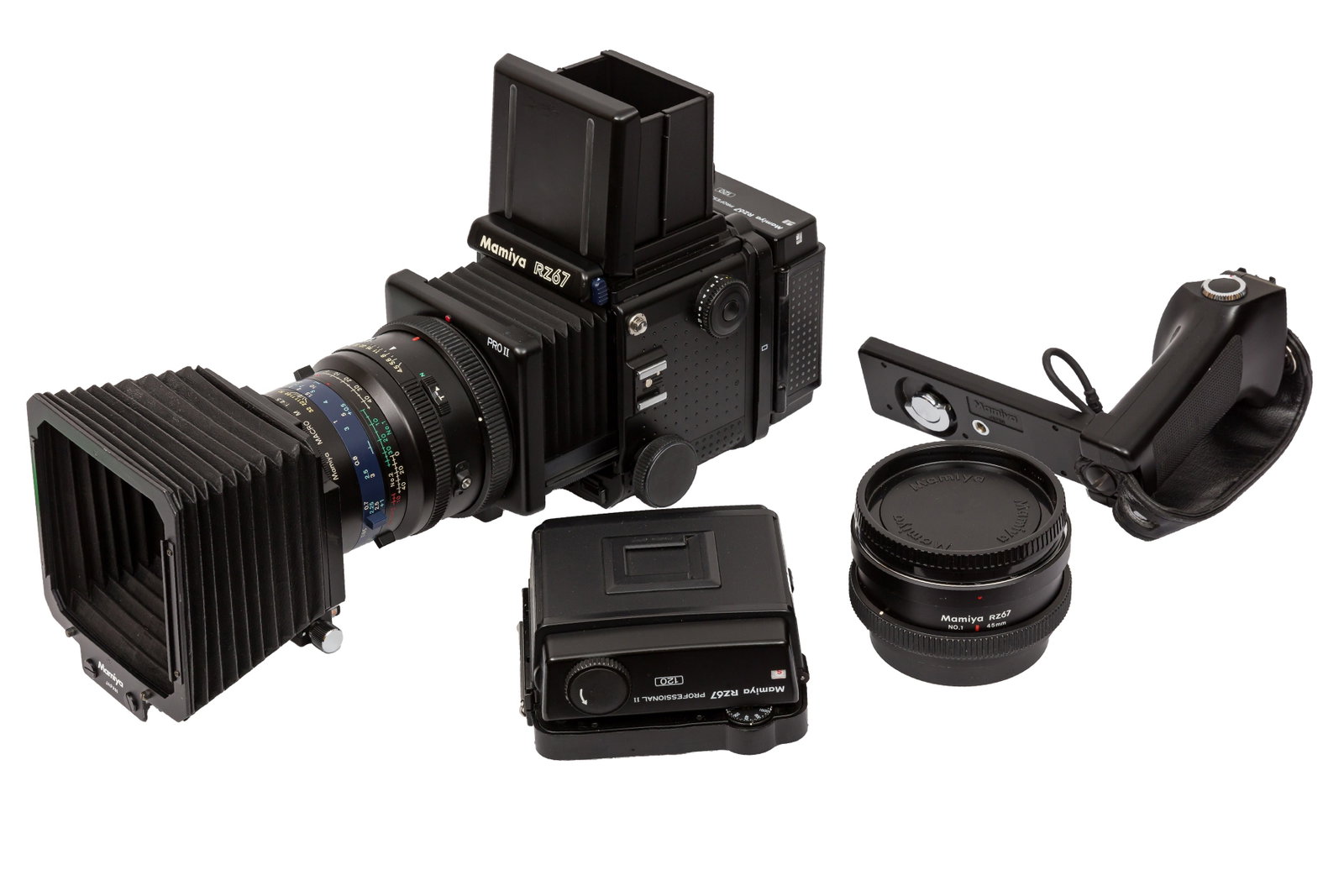 A Mamiya RZ67 Professional II Medium Format SLR Camera: A Mamiya RZ67 Professional II Medium Format SLR Camera Serial No: BK1279 / Film back PG1263 Body: VG - some paint wear to film advance lever Shutter: working Lens: Mamiya Macro M 140mm f/4.5 M/L - A F