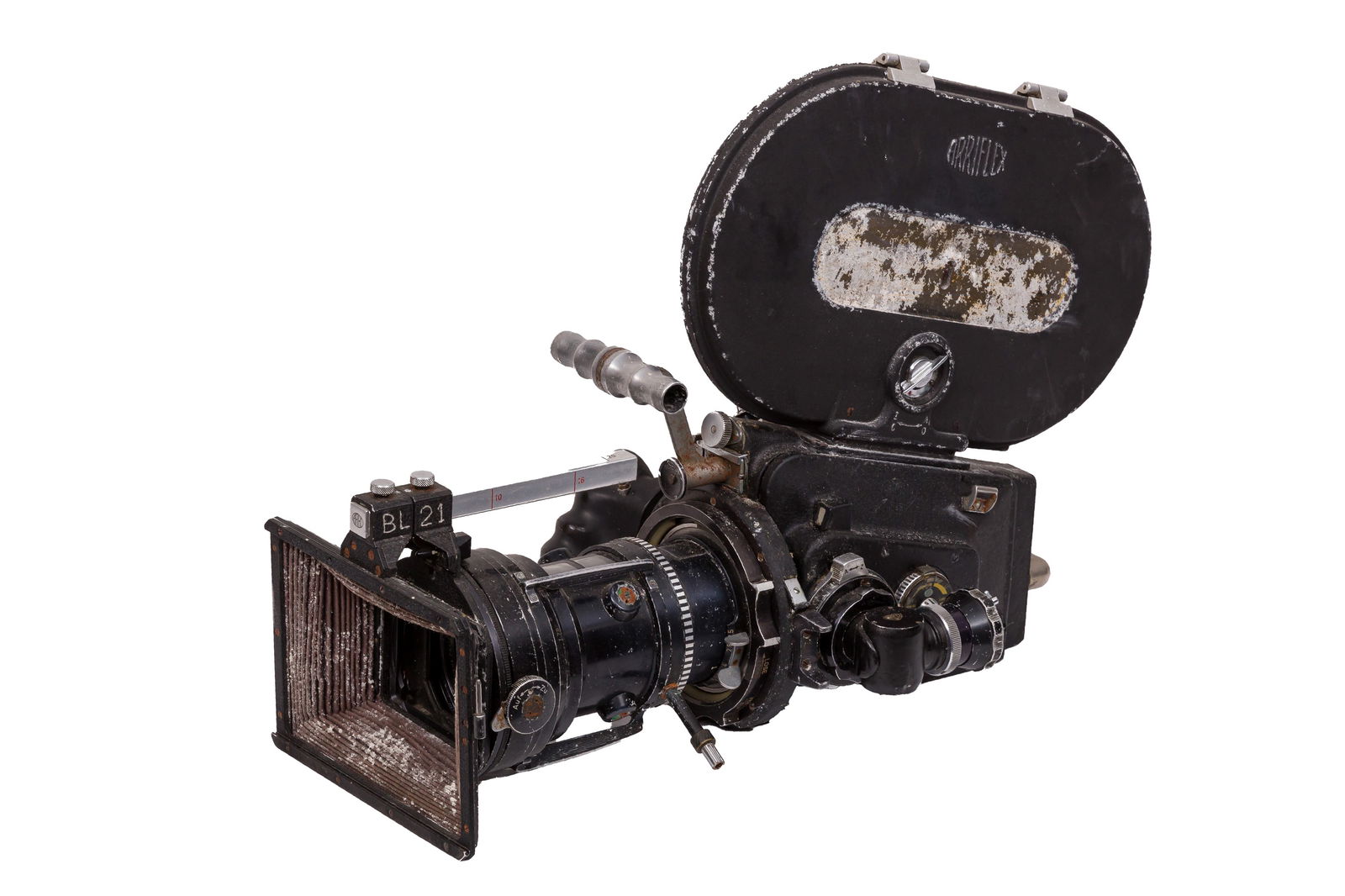 A Arriflex 16BL Cine Camera: A Arriflex 16BL Cine Camera Body: P - signs of corrosion Motor: untested, presumably seized Lens: P Angenieux 12-120mm f/2.2 Zoom 10 x 12 B (1240110) Optics: P/F - fungus Notes: with film magazine and