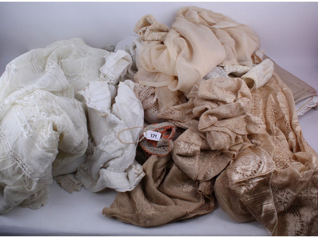 A large quantity of 1900s-50s lace and crocheted,: A large quantity of 1900s-50s lace and crocheted, curtain and household table runners, doilies and lace-trimmed linens. (Qty)