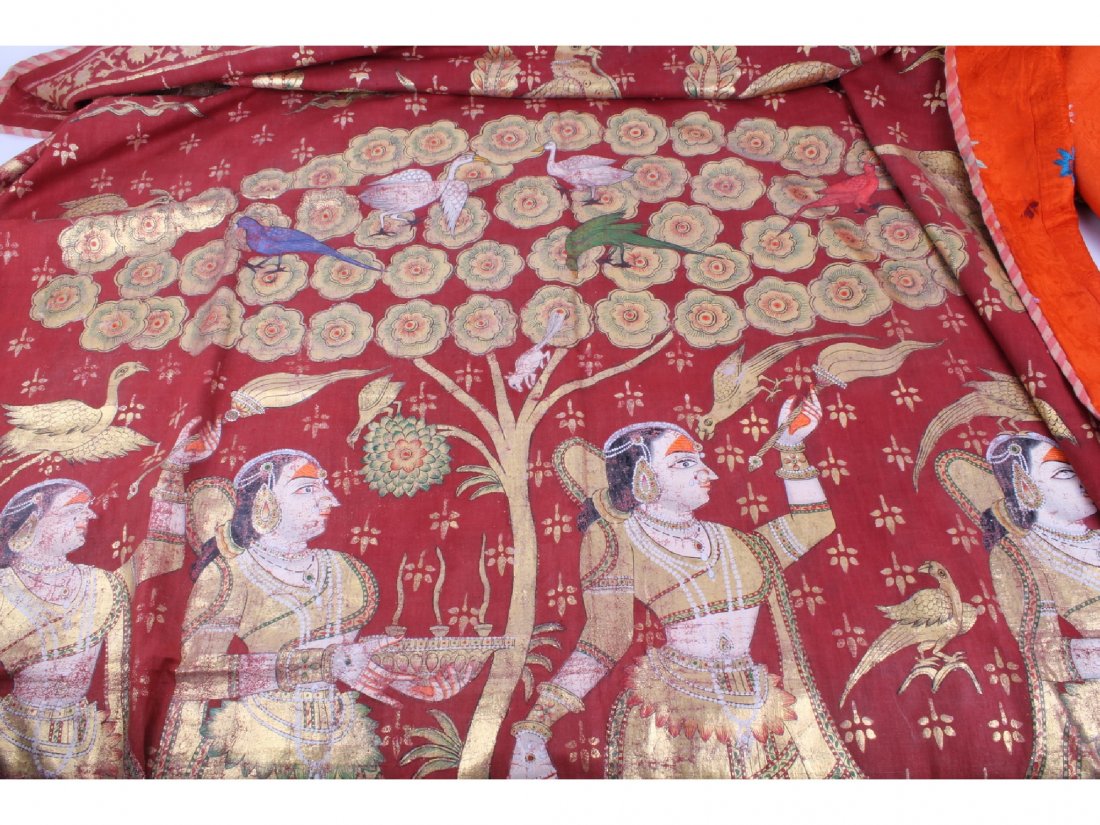 Two Indian PIchwas, with gilt foil figurative, flo: Two Indian PIchwas, with gilt foil figurative, floral and stylised design, both have embroidered silk backings (gilt rubbed slightly in areas). (2)