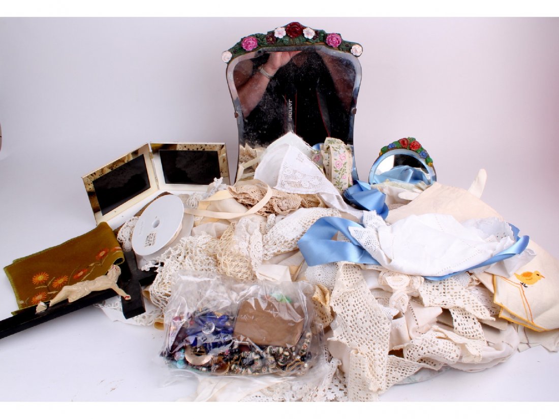 A quantity of late Victorian and later lace, croch: A quantity of late Victorian and later lace, crocheted materials, with small vintage bevelled table mirrors having floral decoration, and more. (Qty)