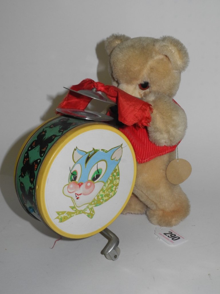 A battery operated mechanical drum and cymbal play: A battery operated mechanical drum and cymbal playing Teddy bear, foreign 1960s.