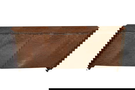 GIORGIO COLLECTION, ITALY: Buffet or sideboard, circa 2000s High gloss moka Japanese tamos burl veneer, chrome and glass Bears Made in Italy label 80cm high x 227cm wide x 57cm deep