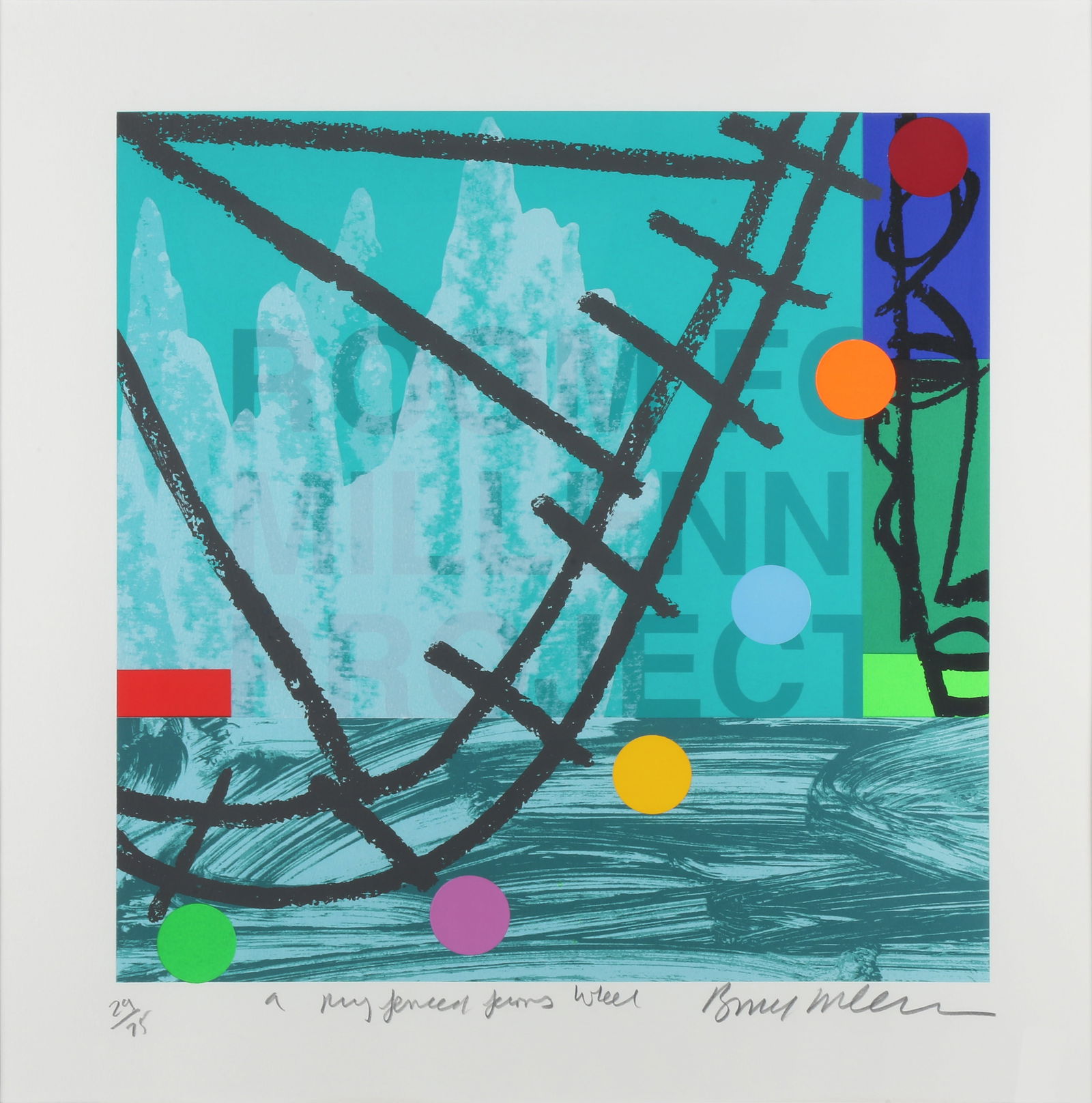 § BRUCE MCLEAN (BRITISH B. `1944): BRUCE MCLEAN (BRITISH B.1944)A Ring Fenced Ferris Wheelsigned, titled and numbered 29/75 in pencilscreenprint in colours on woveimage 40 x 40cmframedARR