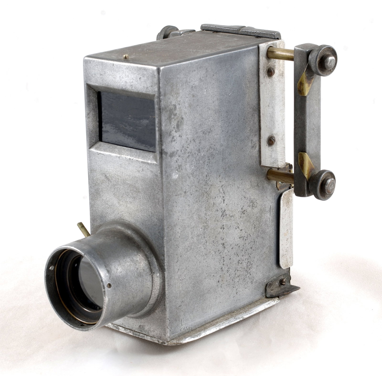 A Metal Bodied Ferrotype Camera.: A Metal Bodied Ferrotype Camera. Make and operation unknown, initials "P J" and number "P1117" stamped to base. Image from focussing lens viewable through back. Missing developing tank.