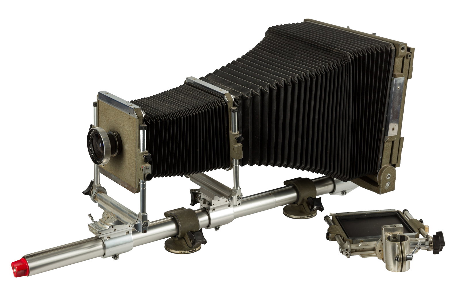 A Sinar 10" x 8" Norma Large Format Camera: A Sinar 10" x 8" Norma Large Format Camera Body: Overall G - triple extension, all movements functional, black leather tapered bellows in good condition Lens: Schneider-Kreuznach 90mm f/8 Super-Angulo
