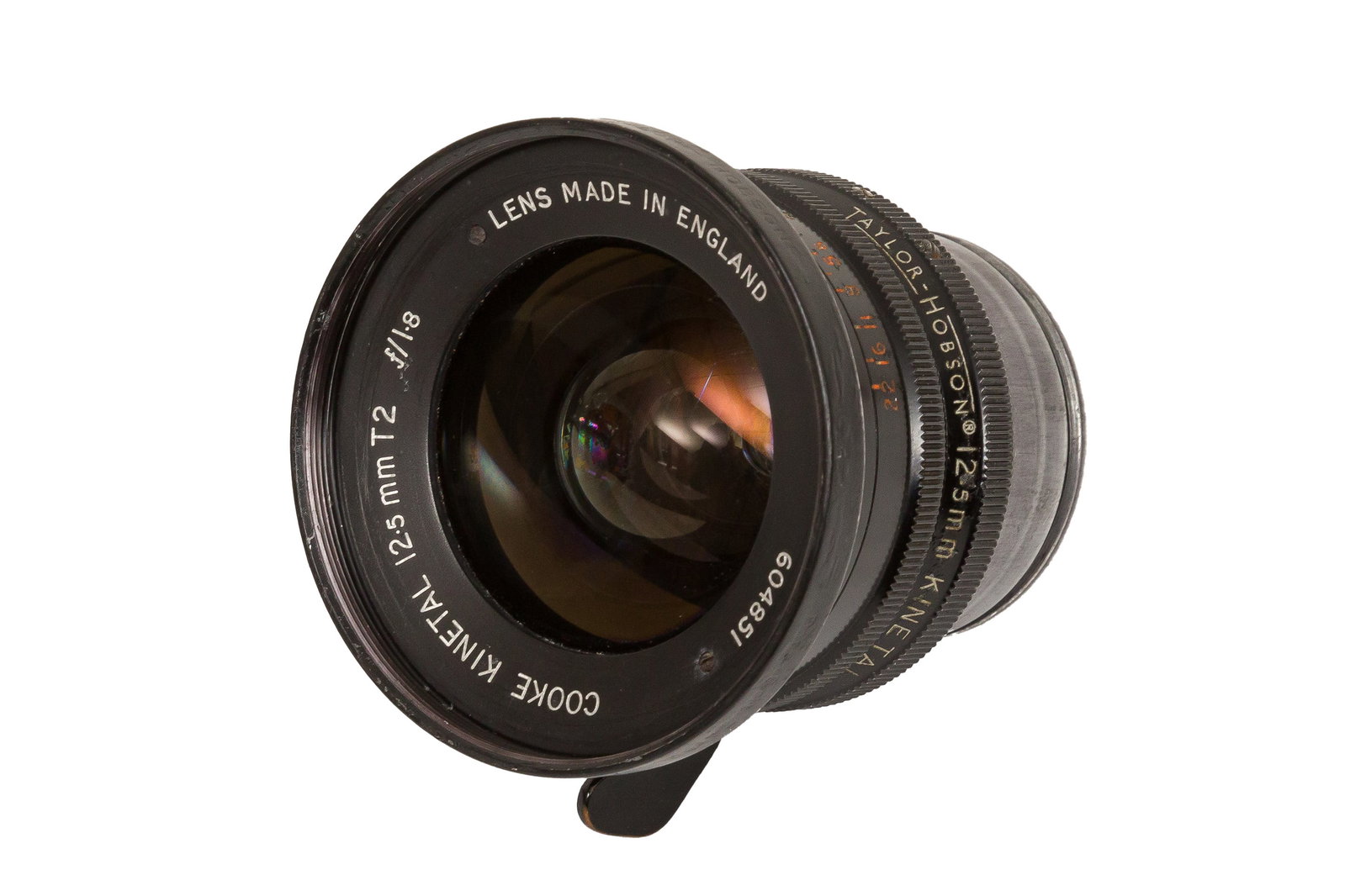 A Taylor Hobson 12.5mm T2 f/1.8 Cooke Kinetal Lens: A Taylor Hobson 12.5mm T2 f/1.8 Cooke Kinetal Lens Serial No: 604851 Body: G/VG Optics: P/F - small patch of seperation to the front element group, with some haze and fungus to rear elements Notes: Ar