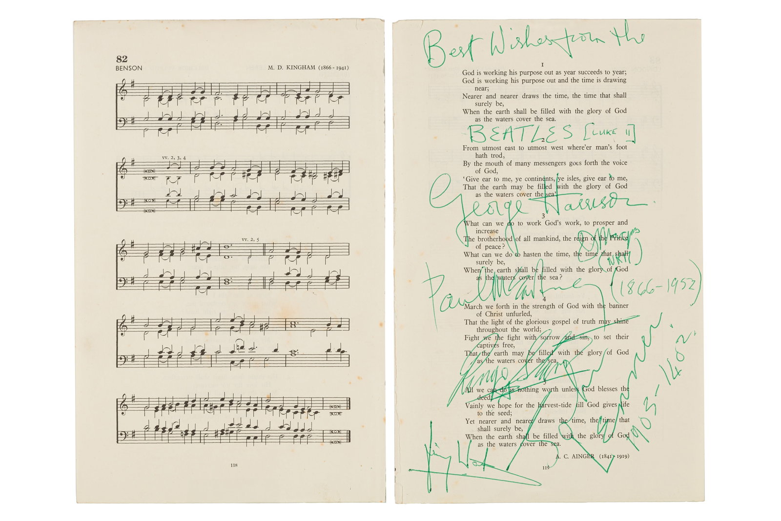 The Beatles: The Beatles Scarce set of signatures by George Harrison, Paul McCartney, Ringo Starr and John Lennon on a loose page removed from a book of religious hymns, humorously inscribed "Best Wishes from the