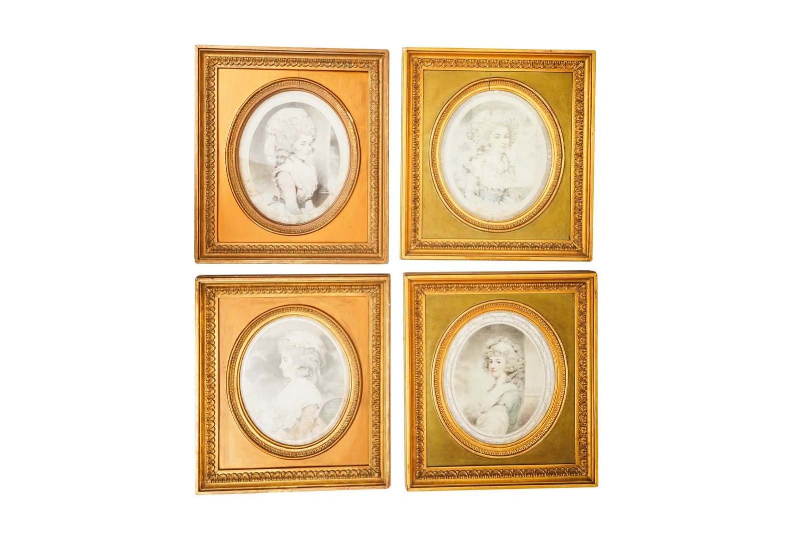 AFTER JOHN DOWNMAN (BRITISH, 1750-1824): AFTER JOHN DOWNMAN (BRITISH, 1750-1824)Set of four portraits of ladies, bust length, in profile. stipple engravings, hand coloured each 23 x 19 cm. (oval)(4)