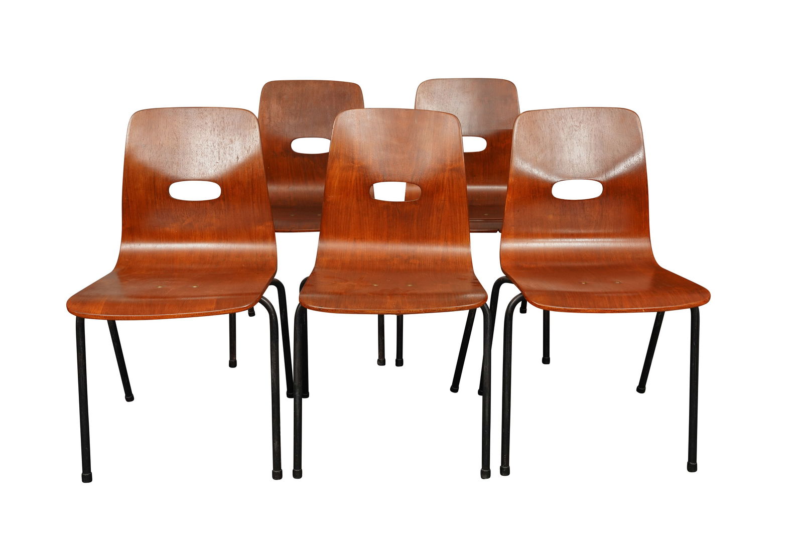 ROBIN DAY (BRITISH 1915-2020): Set of five 'Q Stack' chairs, circa 1953 Cherrywood veneered plywood, enamelled steel 78cm high x 39.5cm wide