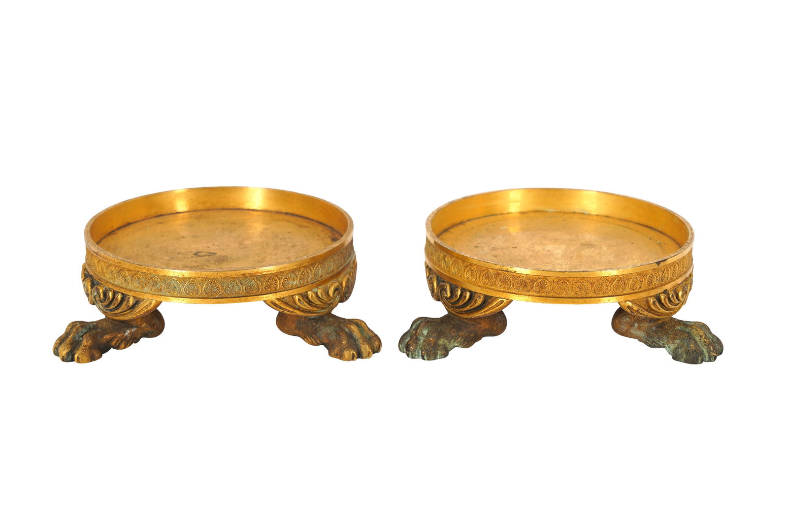 A PAIR OF EARLY 19TH CENTURY FRENCH EMPIRE ORMOLU STANDS, (1 of 2)