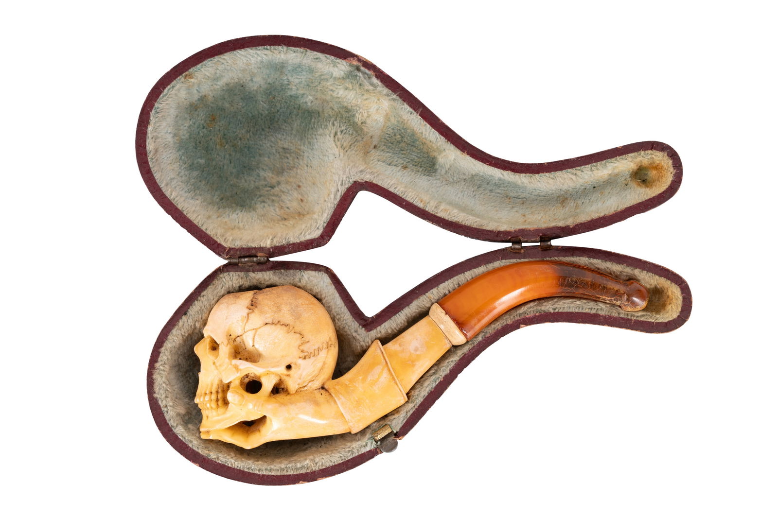 A CASED MEMENTO MORI MEERSCHAUM PIPE, 19TH CENTURY, (1 of 4)