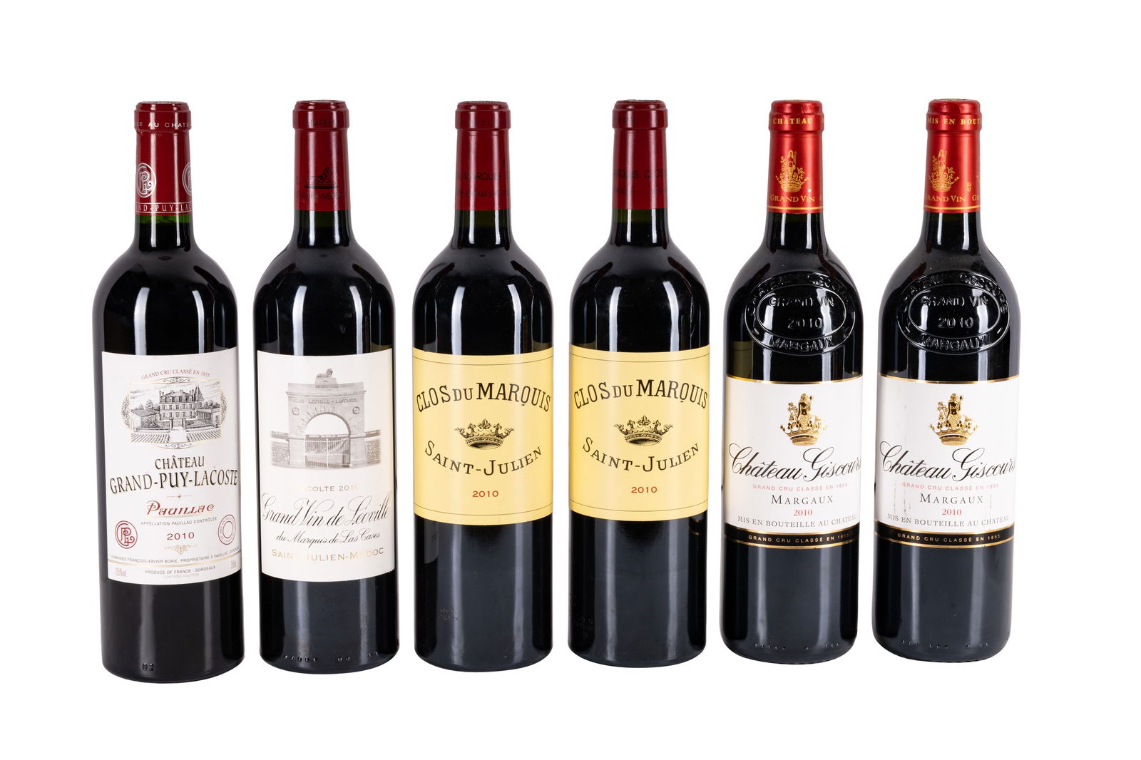 BORDEAUX, RED MIXED VINTAGES (6 BOTTLES): 2010 Clos du Marquis, St Julien (2 bottles) - Ullage Good2010 Chateau Giscours, Margaux (2 bottles) - Ullage Perfect2010 Chateau Grand Puy Lacoste Paulliac (1 bottle) - Ullage Perfect2010 Leoville Las
